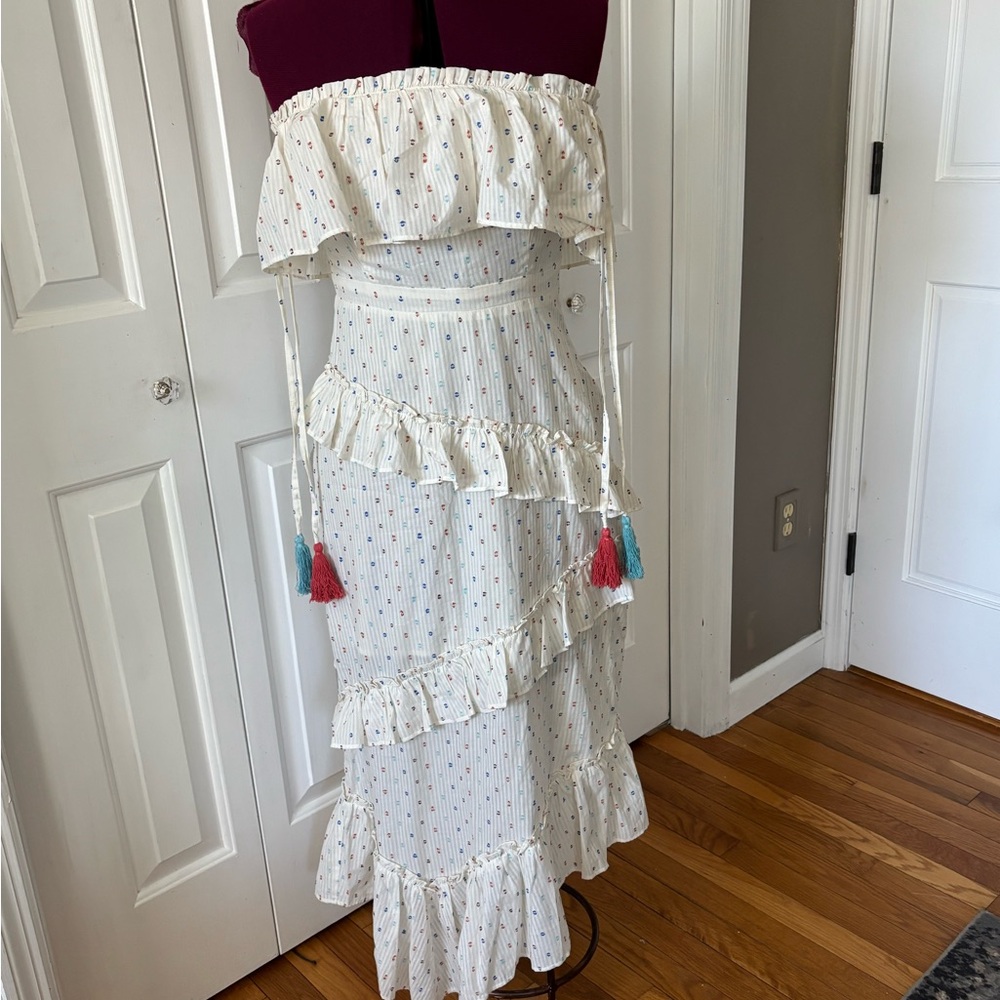 NWOT Joie Ruffled Confetti Polka Dot Strapless Dress w Tassel Ties. 6